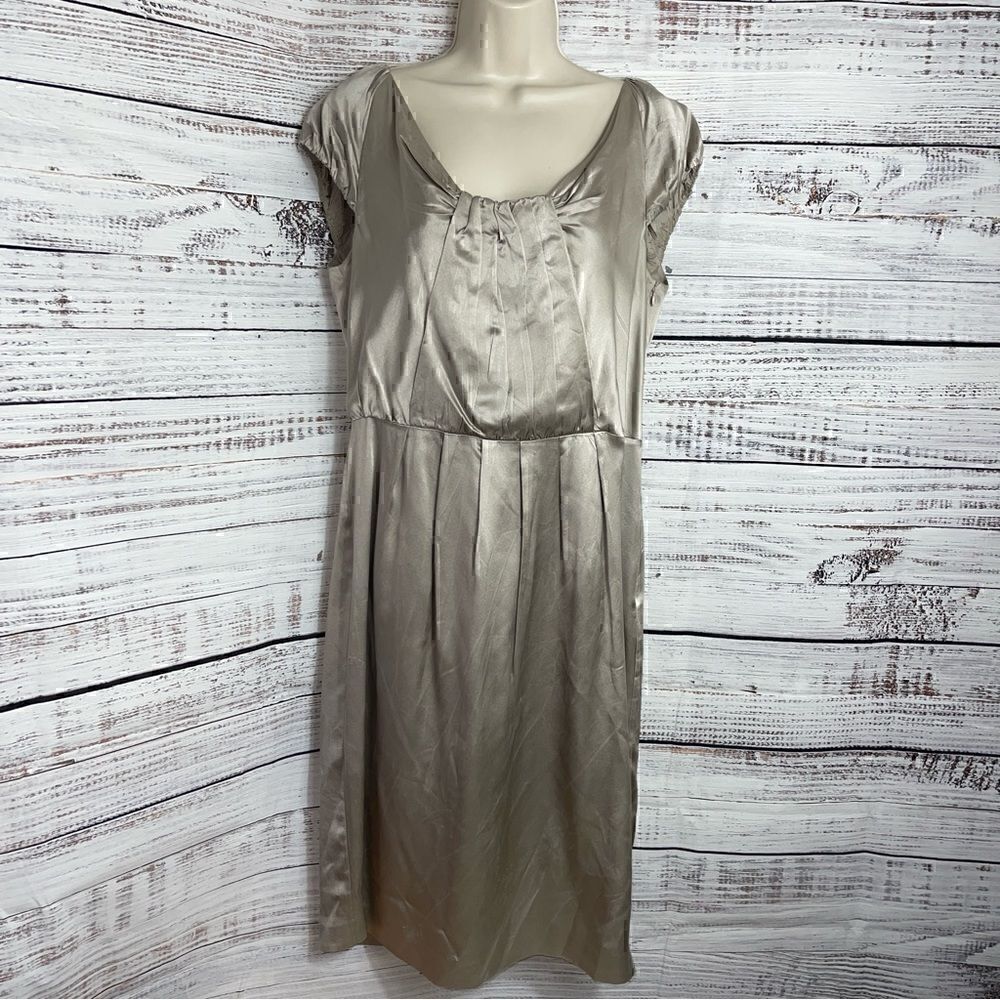 L.K. Bennett London Dress womens Sz 10 Silk satin sheath pleated champagne Gold‎